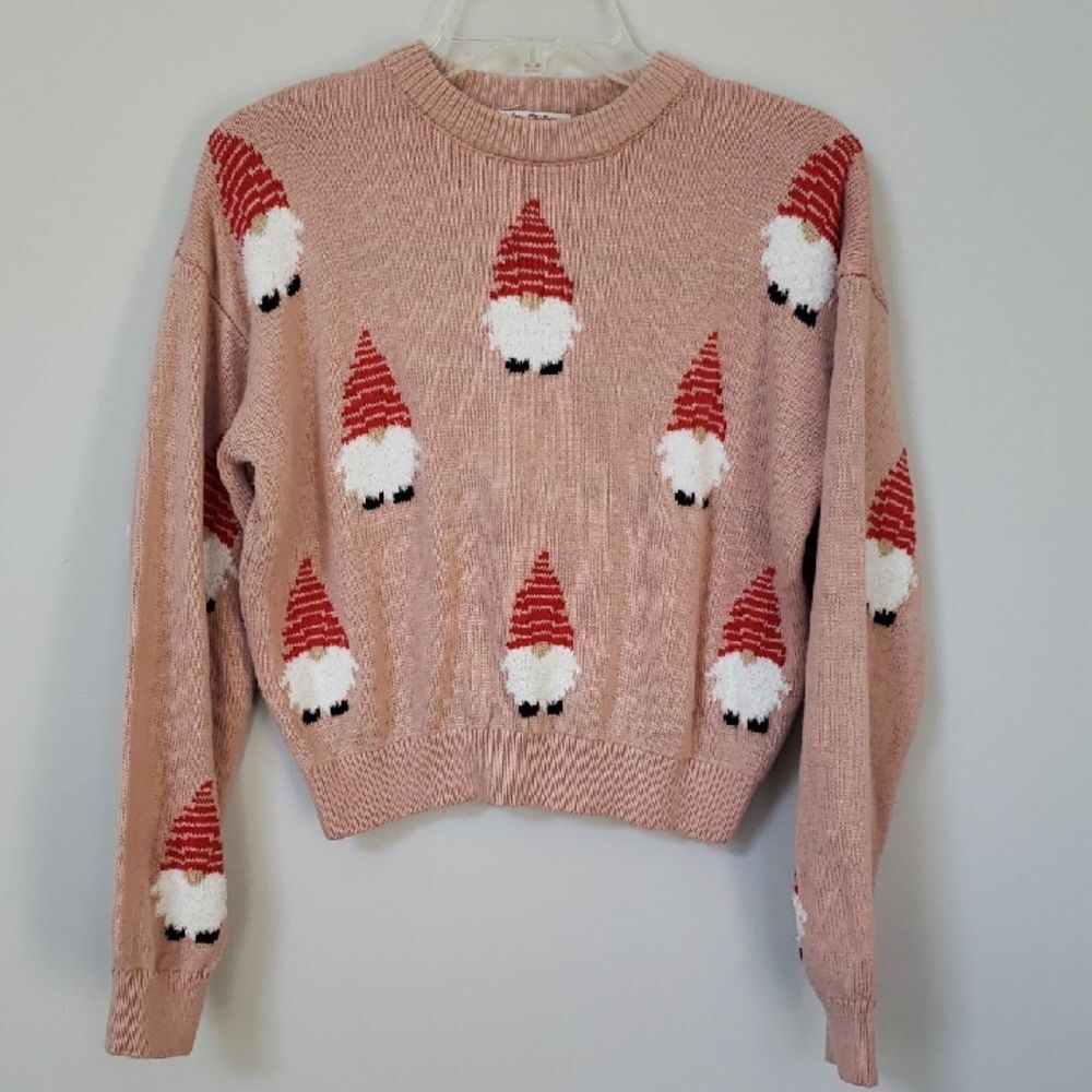 Poof! Merry Christmas Sweater Womens L Elf Gnome Santa Cropped Knit Holiday